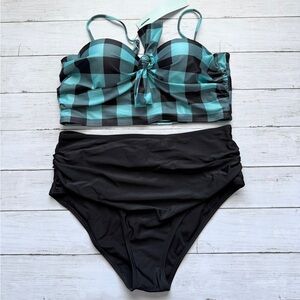 Shein Two Piece Swimsuit Women Black & Teal Plaid High Waisted NWT Size XL